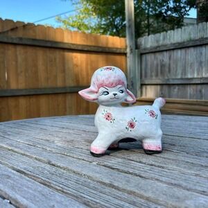 Vintage 1970s pastel‎ ceramic piggy bank lamb Princess cottagecore handmade